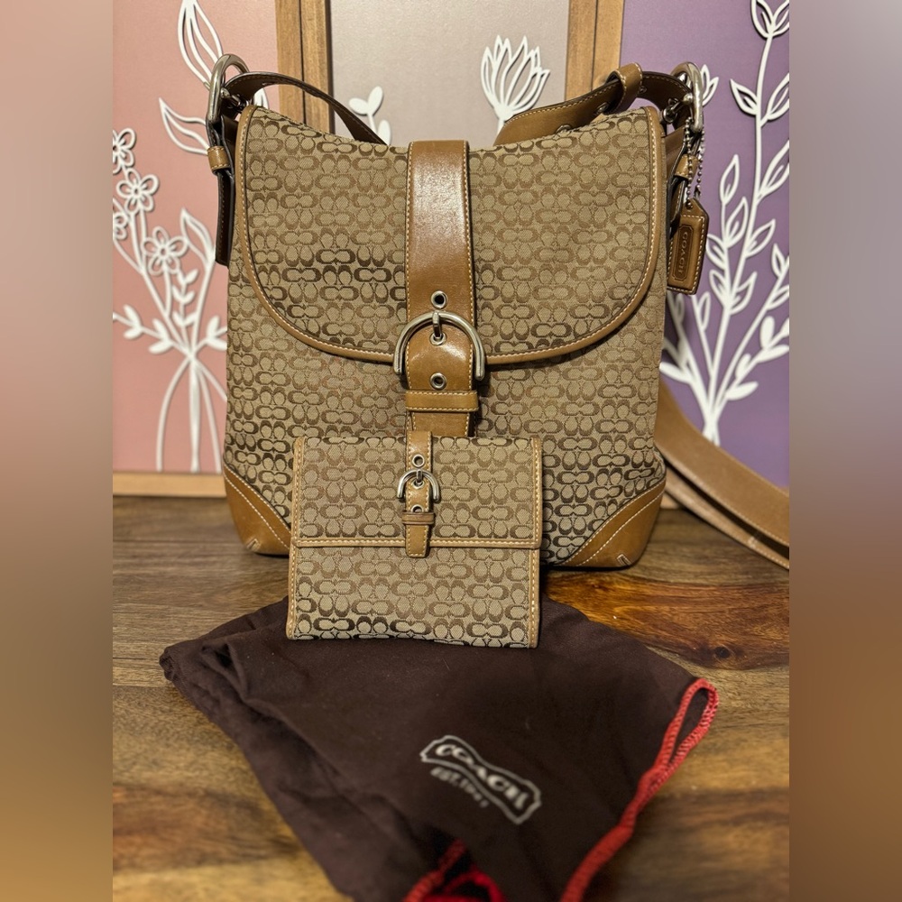Coach Tan and Brown Signature Shoulder Bag with Wallet with Protective Dust Bag